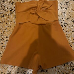 Haute Monde Rust High-Waist Bow-Front Strapless Shorts Romper